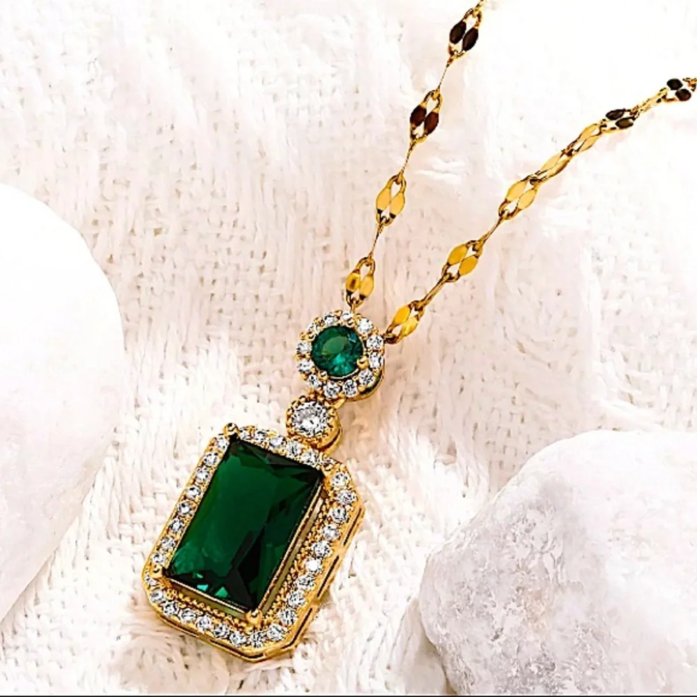 Emerald Gold Plated Zircon Charm Pendant Necklace Matching Earrings Set
